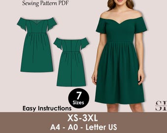 Off Shoulder Skater Dress Sewing Pattern | PDF Fit & Flare, Women XS-3XL