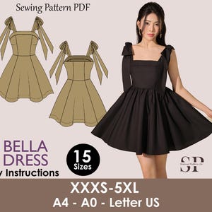 以下が含まれることがあります： 四角いネックラインとフレアスカートが特徴の黒いベラドレスの画像。ドレスは人がモデルになっています。画像には、ドレスの縫製パターン図と、「Sewing Pattern PDF」、「BELLA DRESS」、「Easy Instructions」、サイズ情報と書かれたテキストも含まれています。