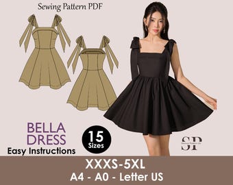 Bow straps dress pattern | Women dress sewing pattern | Bow Mini dress sewing pattern | PDF Sewing pattern | 15-sizes | prom dress pattern