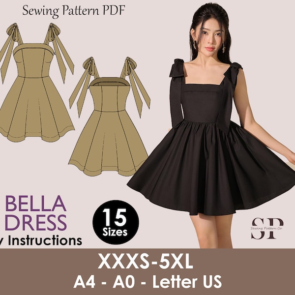 Bow straps dress pattern | Women dress sewing pattern | Bow Mini dress sewing pattern | PDF Sewing pattern | 15-sizes | prom dress pattern