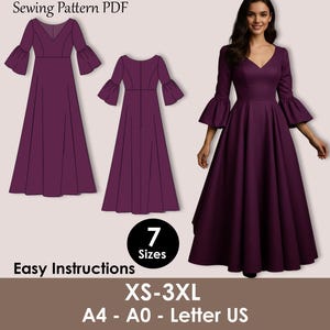 May include: A plum-colored dress sewing pattern PDF with a V-neck and flared sleeves. The image includes a photo of a woman wearing the dress and two illustrations. Text on the image reads "Easy Instructions" and "XS-3XL".
