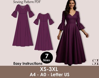 Victorian Renaissance Dress Sewing Pattern PDF | Medieval Cosplay Dress with Bell Sleeves | Tea Length Wedding Dress Pattern