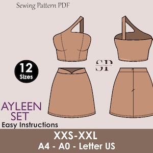 Puede incluir: Un patrón de costura PDF para un conjunto Jayleen, que incluye un top con una correa asimétrica y una minifalda, en tallas XXS-XXL. El diseño del patrón es de color marrón claro. La imagen también incluye el texto "Easy Instructions".