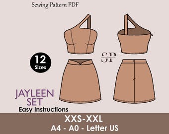 JAYLEEN Set - Skirt and crop top pattern| One shoulder top | Sleeveless, Short skirt| Women summer set sewing Pattern PDF party dress