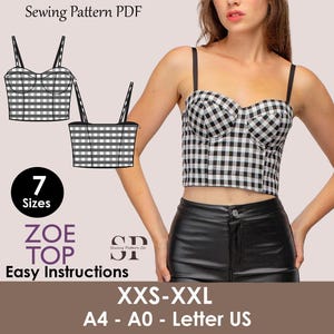 Pode incluir: Top com padrão xadrez vichy preto e branco com alças finas. A imagem inclui um diagrama do top e o texto "ZOE TOP Easy Instructions" e "XXS-XXL". O top é usado por uma pessoa.