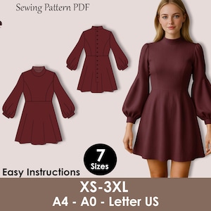 Peut inclure: Un patron de couture PDF de robe bordeaux avec des instructions faciles. L'image montre une femme portant la robe, ainsi que deux illustrations de la robe et le texte "7 Tailles" et "XS-3XL".