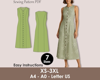 Linen A-Line Dress Sewing Pattern PDF, Sleeveless Button Front (XS-3XL)