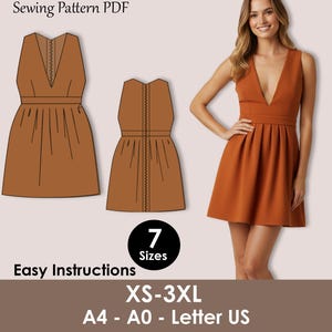 Puede incluir: Un vestido color óxido con cuello en V profundo y falda plisada, mostrado en una modelo y como patrón de costura. La imagen incluye el texto "Sewing Pattern PDF", "Easy Instructions", "7 Sizes" y la talla XS-3XL.