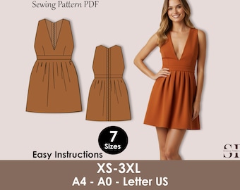 Deep V Neck Dress Sewing Pattern PDF, women Mini Wedding Dress XS-3XL, Pleated Skater with Zipper
