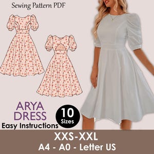 May include: A digital sewing pattern PDF for the "Arya Dress" in sizes XXS-XXL. The image shows a white dress and a pink polka dot dress design. The pattern includes easy instructions and is available in 10 sizes.