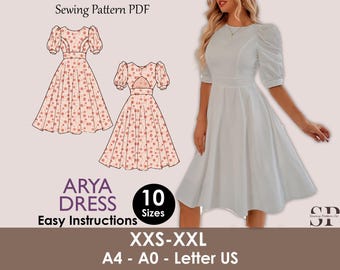 Midi Backless Dress Sewing Pattern – Puffy Sleeve, Fairycore (PDF Download)