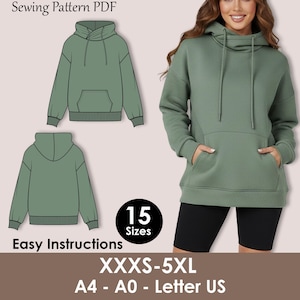 May include: An olive green hoodie sewing pattern PDF with easy instructions. The pattern includes sizes XXXS-5XL and is available in A4-A0 and Letter US formats. The image also shows a woman wearing the hoodie.