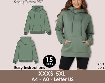 Cross Neck Hoodie Sewing Pattern PDF, Women’s Pullover Hoodie Pattern, Cozy Cowl Neck Sweatshirt- 15 Sizes
