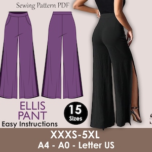 Puede incluir: Un patrón de costura PDF para el pantalón Ellis, con un diseño con abertura frontal. La imagen muestra una ilustración morada del pantalón y una foto del pantalón en negro. El patrón incluye 15 tallas, de XXXS a 5XL, e instrucciones fáciles.