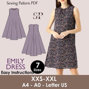 May include: An image showcasing a sewing pattern for the "Emily Dress." The pattern includes illustrations of the dress design, a woman wearing the dress, and text indicating sizes XXS-XXL. The pattern is available in A4, A0, and Letter US formats.