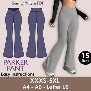 Puede incluir: Un patrón de costura PDF para el pantalón Parker, con instrucciones fáciles y disponible en 15 tallas, de XXXS a 5XL. La imagen muestra un pantalón acampanado gris y azul, con un modelo que lleva un pantalón gris. El patrón incluye tallas A4, A0 y Letter US.
