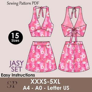 JASY Set - Halter crop top | dress set | Tie-back crop top deep neckline | Sleeveless, Short skirt| Women Summer set sewing Pattern PDF