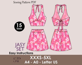 JASY Set - Halter crop top | dress set | Tie-back crop top deep neckline | Sleeveless, Short skirt| Women Summer set sewing Pattern PDF