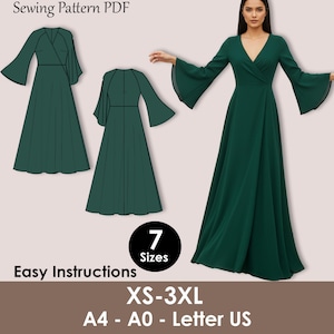 Puede incluir: Patrón de costura PDF de un vestido cruzado verde oscuro con mangas largas y acampanadas. La imagen incluye una foto del vestido en una modelo, además de dos dibujos técnicos. El texto dice "Sewing Pattern PDF", "Easy Instructions" y el rango de tallas "XS-3XL".