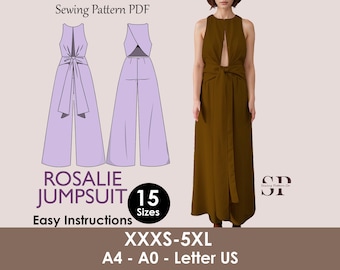 ROSALIE- tie in waist jumpsuit | Round Neckline | Women Long jumpsuit pattern| Sleeveless, Wide pant| sewing Pattern PD,F broad pant