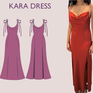 KARA Dress - slit dress| cowl neckline | Tie-up spaghetti straps | Women thigh slit| long| one piece | Fancy| Sleeveless| sewing pattern pdf