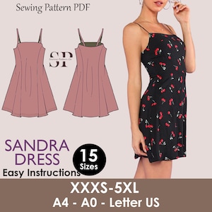 May include: A black sundress with a red cherry print is shown next to a line drawing of a pink dress. The image also includes the text "SANDRA DRESS" and "Easy Instructions". The pattern is available in sizes XXXS-5XL.