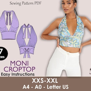MONI Crop Top - Bustier Crop top | Halter top pattern | Sleeveless, Cutout, Bow tie straps | women Top digital sewing Pattern PDF crop top