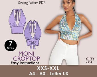 MONI Crop Top - Bustier Crop top | Halter top pattern | Sleeveless, Cutout, Bow tie straps | women Top digital sewing Pattern PDF crop top