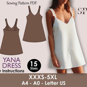 May include: A white V-neck dress with ruffled straps is shown next to a brown dress illustration. The text "YANA DRESS" and "Easy Instructions" are visible. The pattern includes 15 sizes, from XXXS to 5XL, and is available in A4, A0, and Letter US formats.