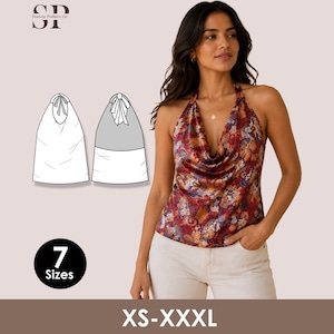 May include: A halter top with a cowl neckline featuring a multi-colored floral and paisley pattern in shades of red, orange, and blue. The image includes a technical line drawing of the garment, the text SP Sewing Pattern Co, 7 Sizes, and XS-XXXL.