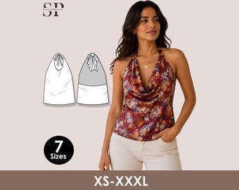 Puede incluir: Un top halter con cuello tipo cowl que presenta un patrón floral y de cachemira multicolor en tonos rojos, naranjas y azules. La imagen incluye un dibujo técnico de la prenda, el texto SP Sewing Pattern Co, 7 Sizes y XS-XXXL.