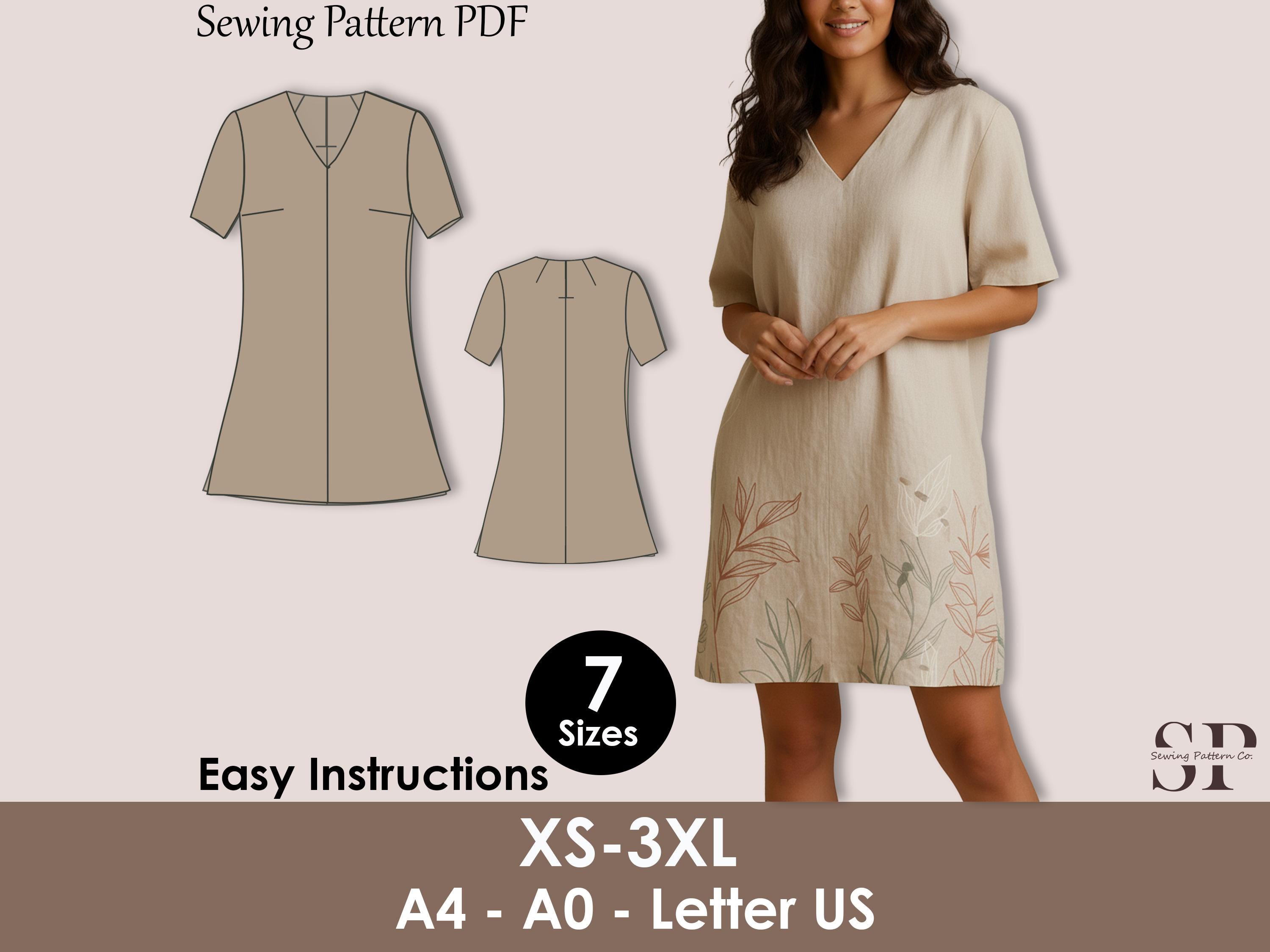 Linen Dress Sewing Pattern PDF  V-neck Tunic Dress Pattern for Beginners,  Loose Fit Summer Dress, Simple Minimalist - Etsy