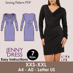 May include: A black long-sleeved dress with a cowl neckline is shown next to a sewing pattern diagram of a similar dress in lavender. The pattern includes easy instructions and comes in sizes XXS-XXL.