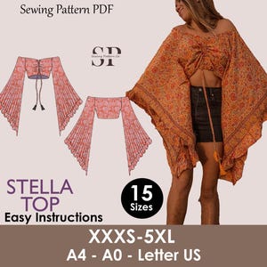 May include: A sewing pattern PDF for the Stella Top, with easy instructions and sizes XXXS-5XL. The image shows a woman wearing the top, which has a floral pattern in shades of orange and brown. The pattern includes A4, A0, and Letter US sizes.