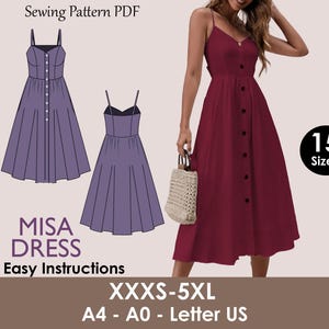 May include: A sewing pattern PDF for the Misa Dress, featuring a purple dress illustration and a burgundy dress on a model. The pattern includes sizes XXXS-5XL and easy instructions. The image also includes the text "15 Sizes".