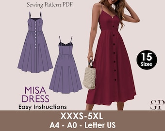 MISA Dress Sewing Pattern PDF – Bustier Midi – Button Down Summer – Spaghetti Strap – Sizes XXXS-5XL