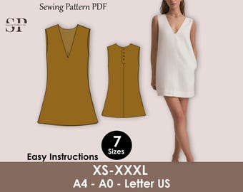 Mini Dress Sewing Pattern, Sleeveless V-Neck Shift Linen PDF, Easy Summer Dress, Minimalist Travel Dress, XS–3XL