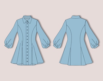 Bishop Sleeve Shirt Dress PDF Sewing Pattern | Button Front Fit & Flare Dress | Vintage Inspired puffy sleeves