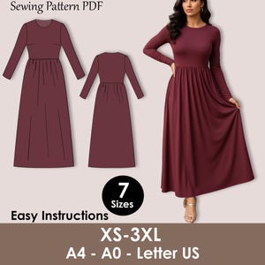 May include: Burgundy maxi dress sewing pattern PDF with long sleeves and a round neckline. The image includes a photo of the dress, two illustrations, and text that reads "Easy Instructions" and "XS-3XL".