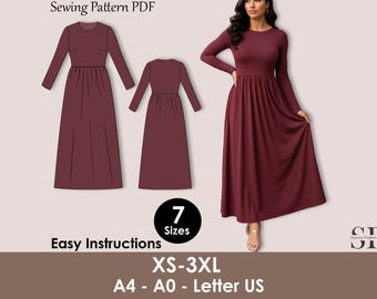 Long Sleeve Maxi Dress Sewing Pattern PDF | Modest Formal Gown XS-3XL | Gathered Waist Skirt