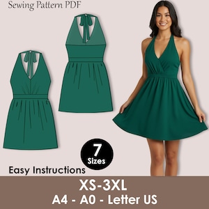 May include: A green halter dress sewing pattern PDF with easy instructions. The image shows the dress design and a woman wearing the dress. The pattern includes sizes XS-3XL and is compatible with A4, A0, and Letter US paper sizes.