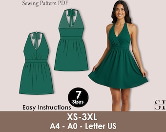 Halter Sundress Sewing Pattern PDF, Open Back Mini Dress, A-Line Summer Dress XS–3XL