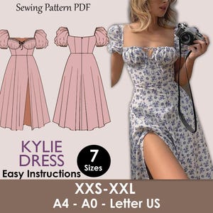 KYLIE Dress - cottage core midi dress| slit dress pattern | Milkmaid dress | Women puffy sleeve| barbie Bustier dress| one piece | pdf