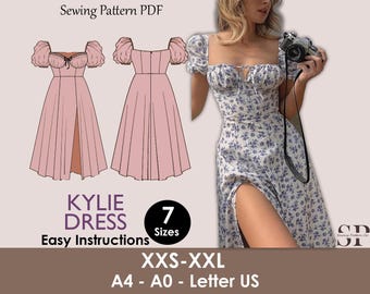 KYLIE Dress - cottage core midi dress| slit dress pattern | Milkmaid dress | Women puffy sleeve| barbie Bustier dress| one piece | pdf