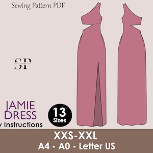 Op de afbeelding: Een digitaal naaipatroon PDF voor de Jamie Dress, met een ontwerp met één schouder met een uitsparing en een split aan de voorkant. Het patroon bevat 13 maten, van XXS tot XXL, en eenvoudige instructies. De jurk is stoffig roze.