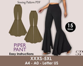 PIPER Pant Sewing Pattern | Wide leg bell bottom PDF | 70s, 90s pant| stretchy| casual| Women sewing pattern| Digital Pants Trousers