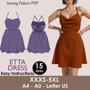 May include: A sewing pattern PDF for the Etta Dress, featuring a cowl neck and cut-out design. The image shows a woman wearing a rust-colored dress and illustrations of the dress in purple. Includes sizes XXXS-5XL and A4-A0 Letter US.