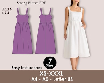 May include: A sewing pattern PDF featuring a purple sundress design and a woman wearing a white dress. The pattern includes easy instructions and is available in sizes XS-XXXL. The image also includes the text "Sewing Pattern PDF", "Easy Instructions", and "7 Sizes".