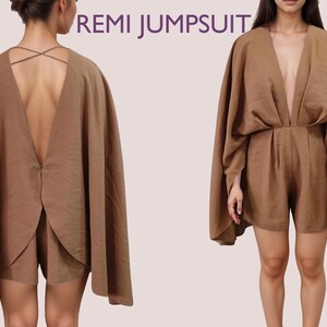 REMI Jumpsuit - Comfy Playsuit pattern| Deep V Neckline | Women ROMPO boho pattern| open puffy Sleeve dress, Short dress| sewing Pattern PDF