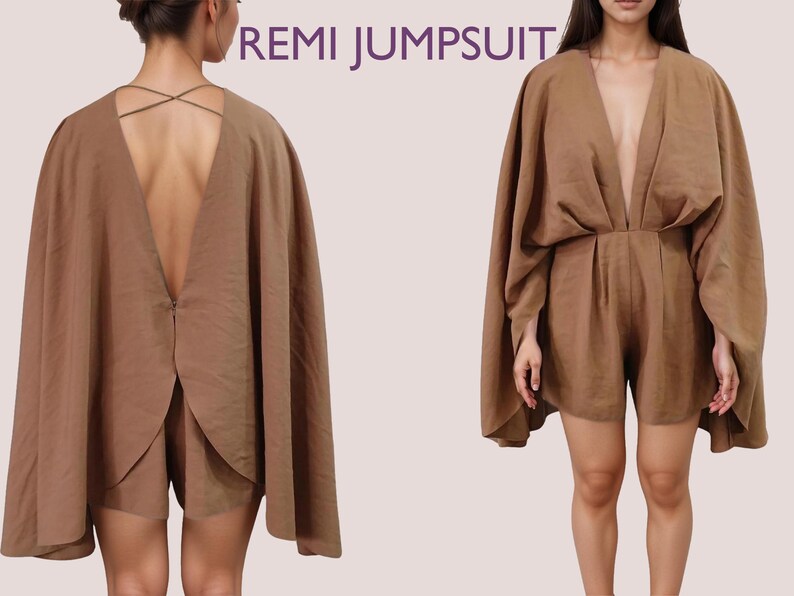 REMI Jumpsuit - Comfy Playsuit pattern| Deep V Neckline | Women ROMPO boho pattern| open puffy Sleeve dress, Short dress| sewing Pattern PDF